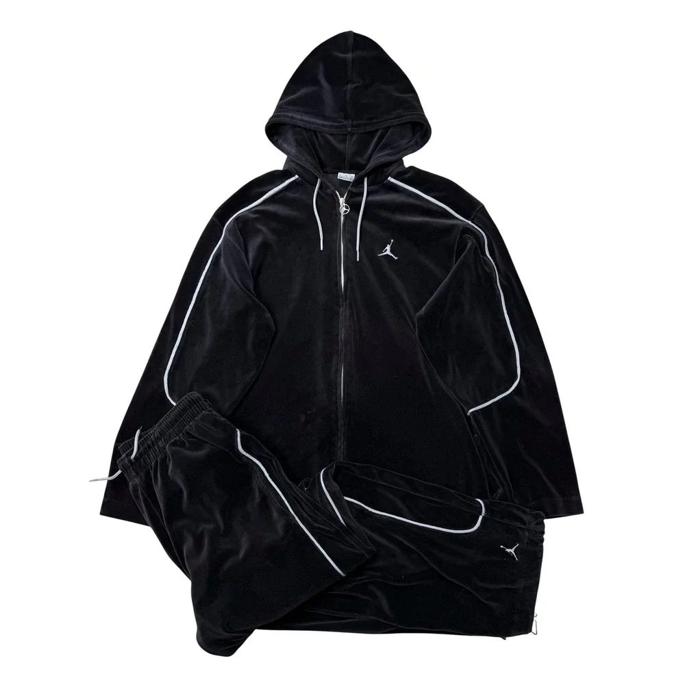 Vintage Y2K Air Jordan Black Velour Hooded Sweatsuit Men's Sz L Tracksuit‎ Set